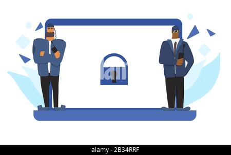 Personal data protection concept. Security guards men  defending confidential information. Two male characters saving social media users trails. Vecto Stock Vector