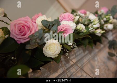 wedding flowers decorations a wedding reception room on a wedding day Stock Photo