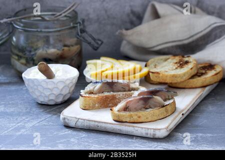 Sandwiches with cottage cheese and gravlax from mackerel, served with lemon. Stock Photo