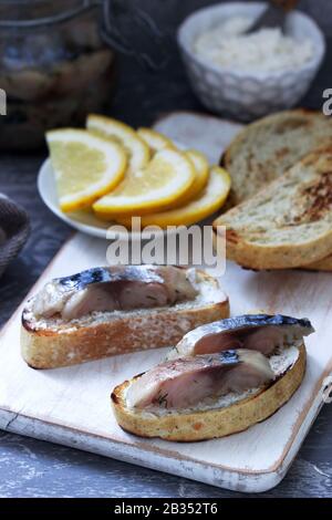 Sandwiches with cottage cheese and gravlax from mackerel, served with lemon. Stock Photo