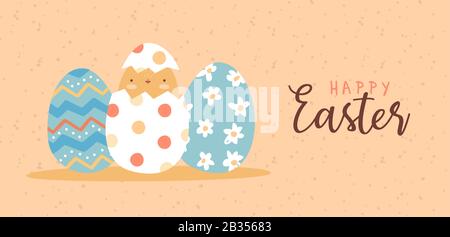 Happy Easter greeting card of funny baby bird hatching from painted eggs. Cute children cartoon illustration for festive spring season holiday. Stock Vector