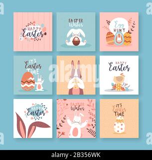 Happy Easter greeting card set of cute funny rabbit animals, eggs and floral decoration in hand drawn style. Flat cartoon character illustration colle