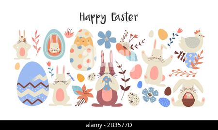 Happy Easter element set of funny rabbit animals, eggs and floral decoration in cute children cartoon style. Flat hand drawn icon illustration collect Stock Vector