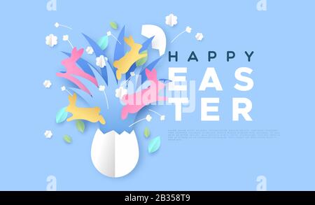 Happy Easter papercut greeting card template of open egg with colorful paper craft jumping rabbits and nature decoration. Realistic 3d cutout illustra Stock Vector