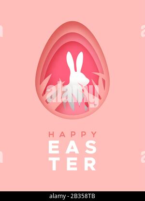 Happy Easter greeting card of cute papercut rabbit inside egg with festive text quote. Realistic 3d layered cutout illustration for traditional christ Stock Vector
