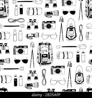 Monochrome vector seamless pattern with isolated elements. Black and white. Trendy endless texture. Camping, hiking print. Backpack, flashlight Stock Vector