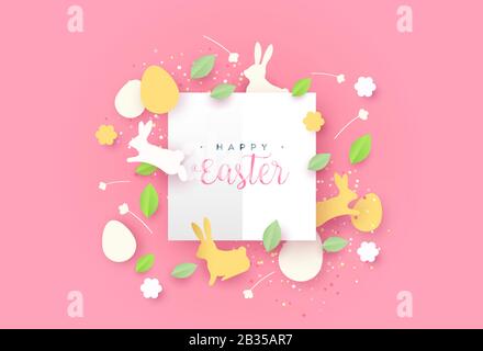 Happy Easter paper craft greeting card of white frame with 3d papercut spring rabbit, eggs, flower and leaf on pink color background. Stock Vector