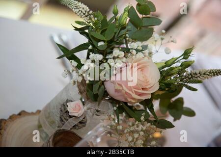 wedding day flowers on the wedding reception tables, decorated, wedding Flowers Stock Photo