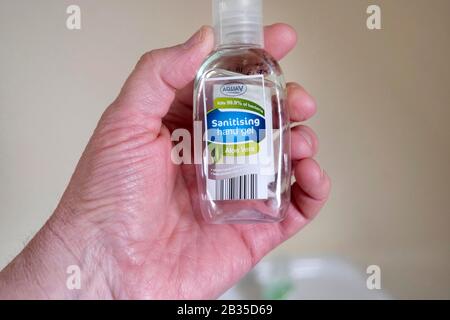 Hand sanitising/sanitizing gel in small bottles, which are almost sold out in the UK during the Coronavirus Covid-19 health alert.  - 4 March 2020  Pi Stock Photo