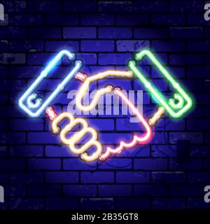 Neon Signboard Handshake Stock Vector