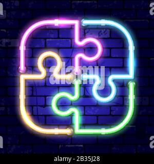 Neon Signboard Puzzle Teamwork Stock Vector