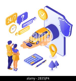 Online Sale Purchase Rental Sharing Car Isometric Stock Vector
