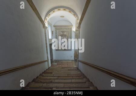 Interior of the Ducal Palace of Urbino hosted the National Gallery of the Marche with collection of tapestries in Urbino, Italy Stock Photo