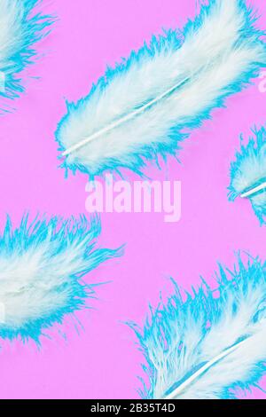 Soft, fluffy feathers creative toned on pink background. Easter or spring holiday concept. Minimalism pattern Stock Photo