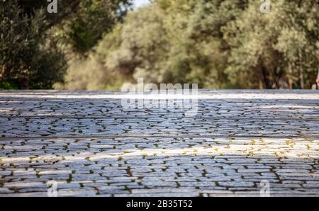Old stone marble paved footpath, cobblestone pathway closeup view from above, Blur trees nature background. Stock Photo