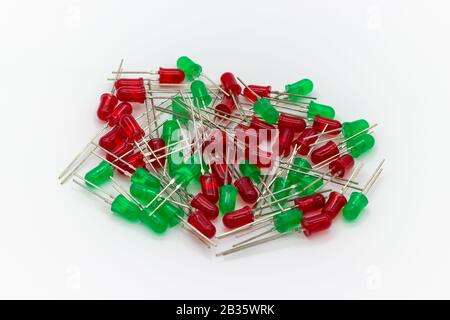 Electronic components. Red and green leds on white background. Stock Photo
