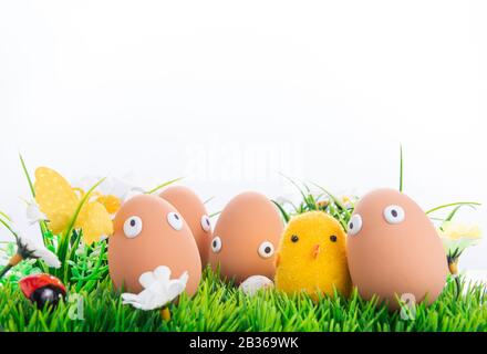 Happy Easter eggs in a row among the spring grass with flowers on an isolated white background, frame, border, egg characters with funny eyes, Happy E Stock Photo