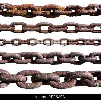 Set of old,rusty, extremely corroded chains isolated on white background Stock Photo