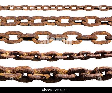 Set of old,rusty, extremely corroded chains isolated on white background Stock Photo