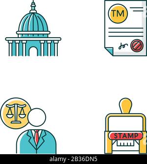 Notary services RGB color icons set. Apostille and legalization. Notarized document. Trademark certificate. Supreme court. Lawyer, attorney Stock Vector