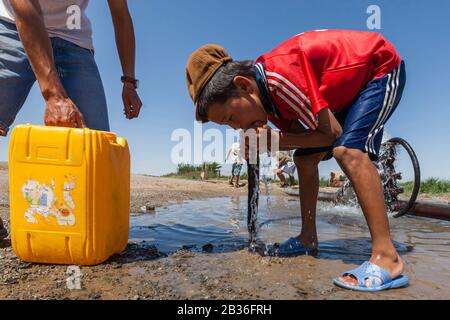Mongolia, Omnogovi province, near Dalanzadgad, child drinking water from a roadside drain Stock Photo