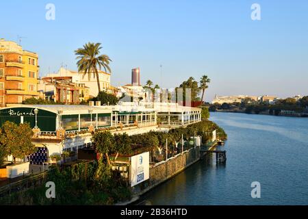 Spain, Andalusia, Seville, Triana district by the Guadalquivir river, calle Betis, Betis quay and Torre Cajassol (Tour Sevilla) Stock Photo