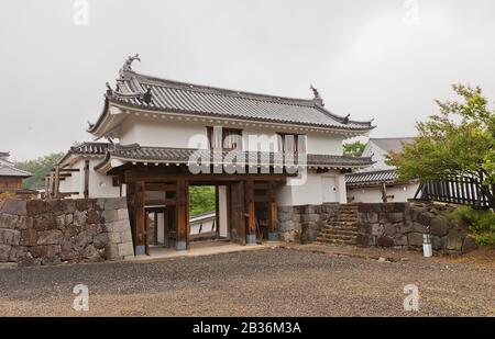 Reconstructed Main Gate of Shiroishi Castle, Japan. Castle was founded in 1591 by Gamo Ujisato and dismantled in 1875 Stock Photo