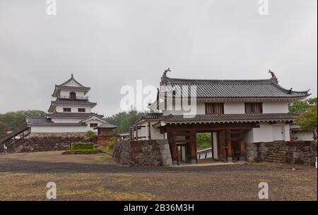 Reconstructed Main gate and Donjon (main keep) of Shiroishi Castle, Japan. Castle was founded in 1591 by Gamo Ujisato and dismantled in 1875 Stock Photo