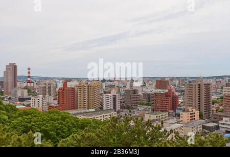 View of Akita City from Osumi-yagura Tower of Kubota Castle. Akita is the capital city of Akita Prefecture, Japan Stock Photo