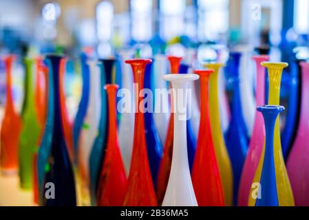 Sweden, Southeast Sweden, Glasriket, Kingdom of Glass historical glass making region, Nybro, Pukeberg Glasbruk, glass items for sale Stock Photo