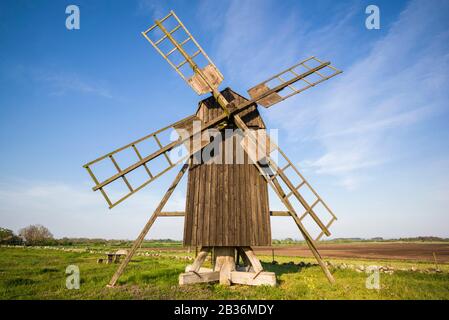 Sweden, Oland Island, Lerkaka, antique wooden windmills Stock Photo