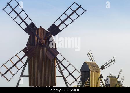 Sweden, Oland Island, Lerkaka, antique wooden windmills Stock Photo