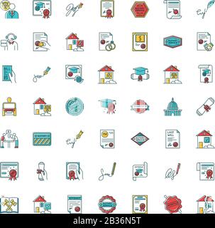 Notary services RGB color big icons set. Apostille and legalization. Notarized document. Certificate. Courthouse. Real estate litigation. License Stock Vector