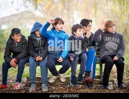 A Year 7 bushcraft lesson at a secondary school, UK. Stock Photo