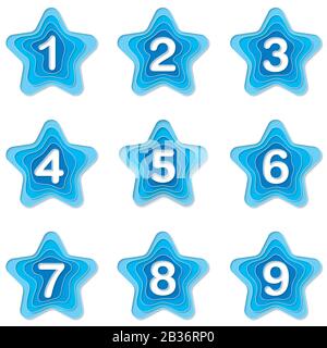 Set of blue star bullet points 1 to 9. Vector 3d number markers in cut paper quilling style Stock Vector
