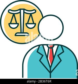 Lawyer RGB color icon. Attorney. Advocate. Legal representative. Trial. Courthouse. Legislature, law enforcement. Justice. Legal assistance. Isolated Stock Vector