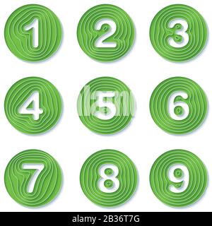 Set of circle bullet points 1 to 9. Vector 3d number markers in cut paper style Stock Vector