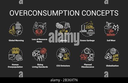 Overconsumption chalk RGB color concept icons set. Global warming. Ecological and environmental damage. Consumerism idea. Vector isolated chalkboard Stock Vector