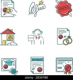 Notary services RGB color icons set. Apostille and legalization. Legal document. Certificate. License. Litigation. Affidavit. Diploma. Signature. Call Stock Vector