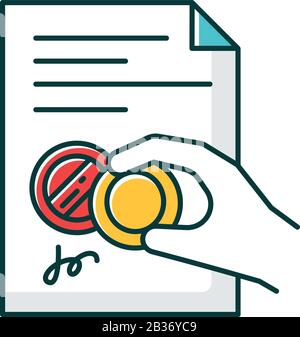 Hand with stamp RGB color icon. Certificate. Signed notarized document. Apostille and legalization. Validation. License. Contract. Legal agreement Stock Vector