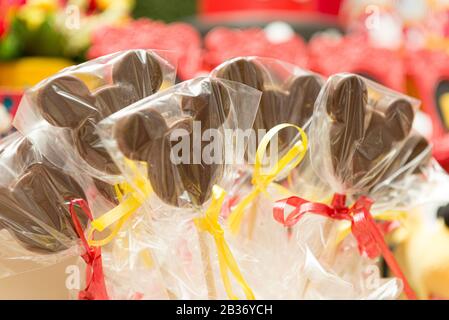 Florianopolis - Brazil. February 2, 2020: Mickey Mouse chocolate lollipops wrapped in transparent plastic bags. Selective focus. Stock Photo