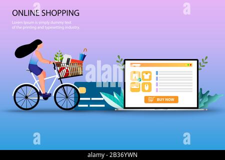 Concept of offline and online shopping, a woman ride a bicycle with the goods in the basket. The credit card put near laptop. Stock Vector