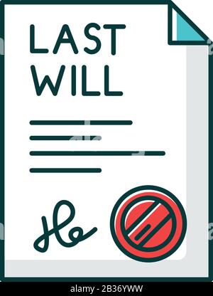 Signed last will RGB color icon. Document with stamp. Notarized testament. Apostille and legalization. Legal paper. Notary services. Isolated vector Stock Vector