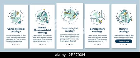 Oncology onboarding mobile app page screen with concepts. Cancer treatment walkthrough five steps graphic instructions. Gastrointestinal oncology. UI Stock Vector