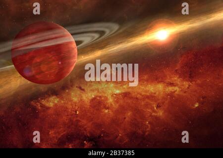 saturn planet in the red universe with gases and the sun The elements of this image furnished by NASA . Stock Photo