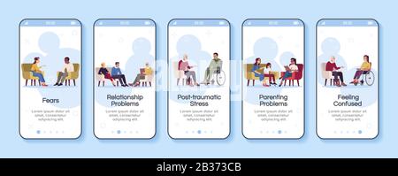 Psychology consultation onboarding mobile app screen vector template. Relationship problems. Fears. Walkthrough website steps with flat characters. UX Stock Vector