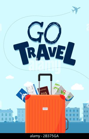 Go travel advertising vacation travelling design concept. Suitcase luggage with map flight ticket boarding pass and passport. Different touristic elements and airplane path vector illustration poster Stock Vector