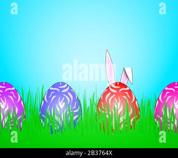 Easter banner. Multicolored Easter eggs hidden in green grass with a blue circular gradient in the background. One of the eggs has white rabbit ears. Stock Photo