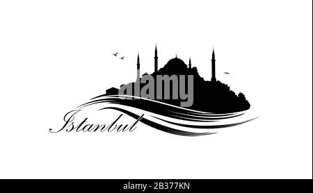 Istanbul city skyline with famous turkish travel landmark. Tourist icon of Istanbul city. Cityscape silhouette. Architectural sign with Hgia Sophia an Stock Vector