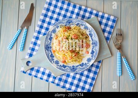 Spaghetti diablo with prawns, shrimps, top view image Stock Photo